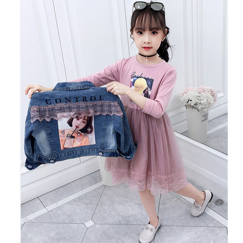 Set váy thu đông bé gái kèm áo khoác bò họa tiết hình cô gái siêu xinh size 15-36kg  [SV08]