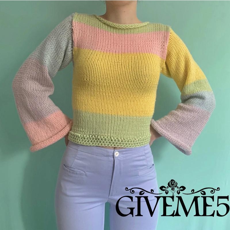 Áo sweater dệt kim tay dài cổ tròn màu sắc cầu vồng thời trang mùa thu cho nữ