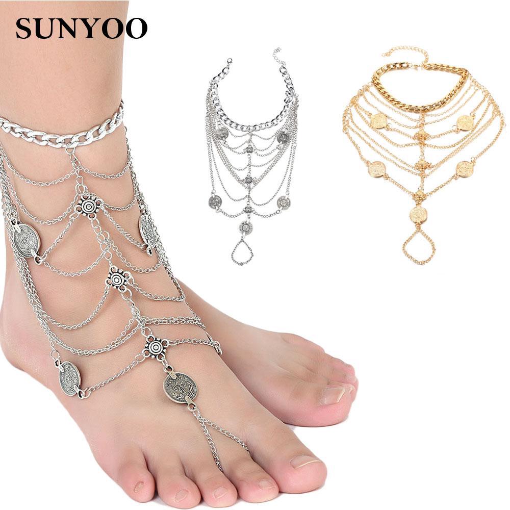 Vòng đeo chân gắn đồng xu phong cách vintage thời trang đi biển độc đáo 