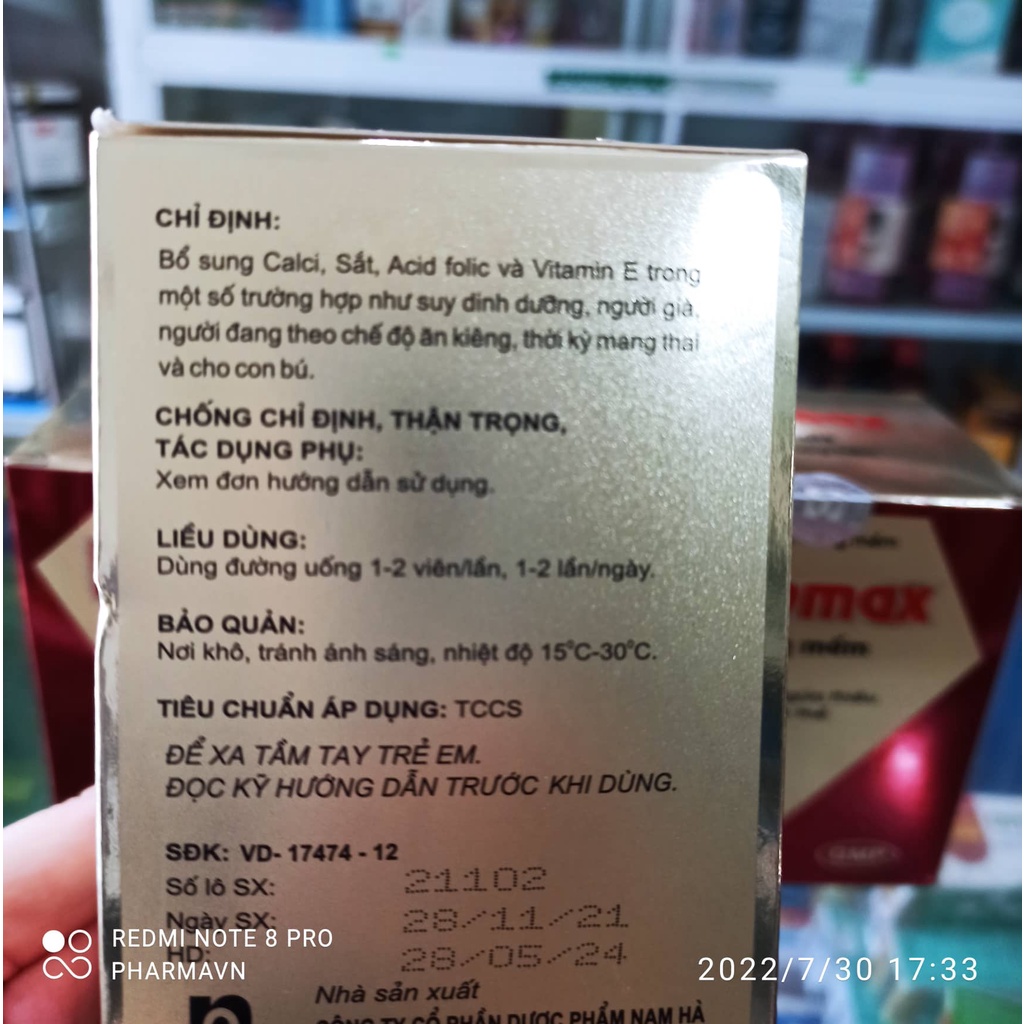 Hemomax ( hộp 100viên )-viên uống bổ sung sắt,calci,acid folic và vitamin e