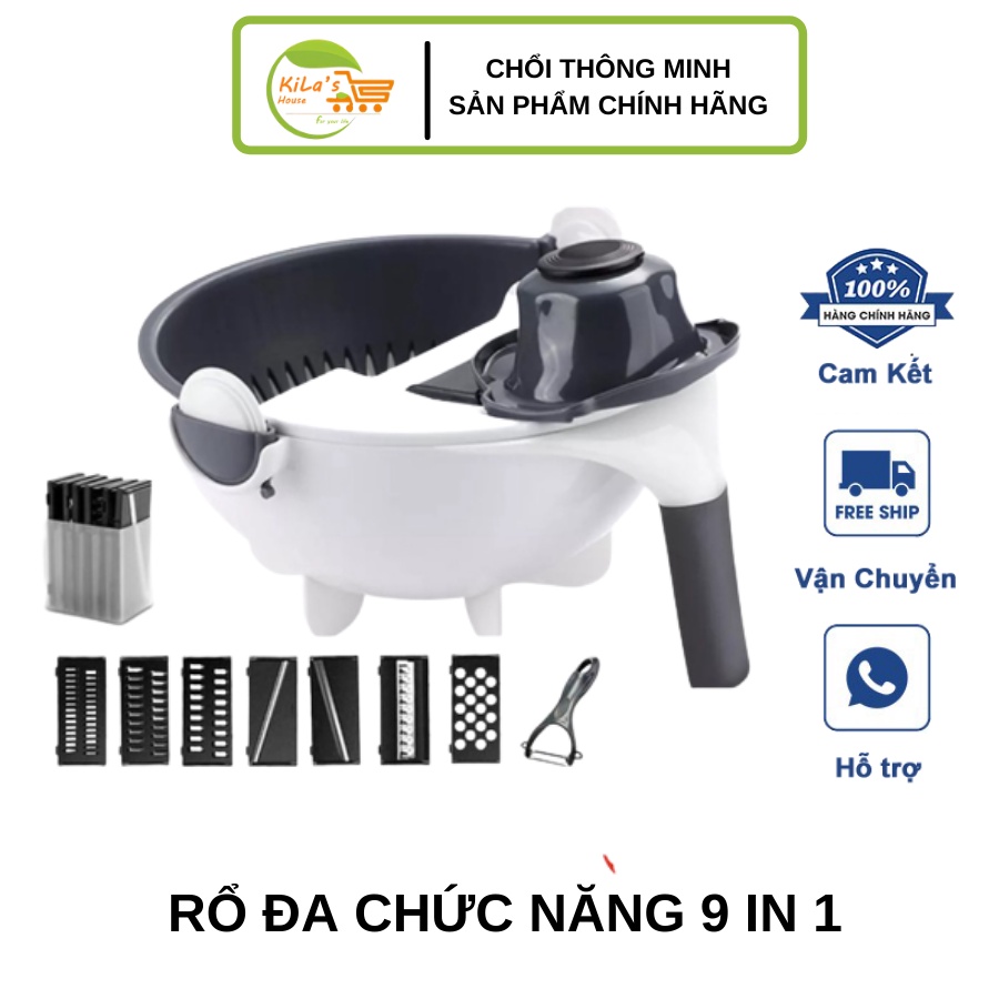 Rổ Đa Năng 9 in 1 Gồm Dụng Cụ Nạo Rau Củ Quả Thông Minh, Thay Cầm Thảo Mái, Có Khóa Xoay, Góc Xoay Tự Động