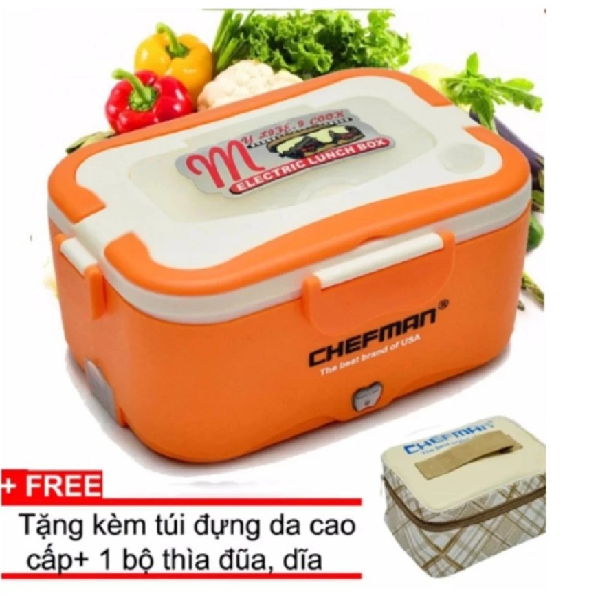 [ Hỗ Trợ Vận Chuyển ]  Hộp cơm điện hâm nóng Chefman ruột inox + Tặng 1 túi da cao cấp, kèm thìa, dĩa, đũa