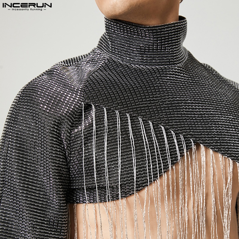 Áo kiểu INCERUN croptop tay dài cổ cao xuyên thấu trang trí tua rua độc đáo thời trang dành cho nam