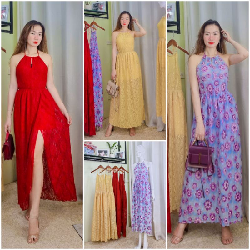 Váy maxi cổ yếm ren thêu hoa chỉ dài thướt tha tôn dáng xinh đẹp, đc thiết kế may kỹ, trong lót lụa mịn mát. Ảnh thật.