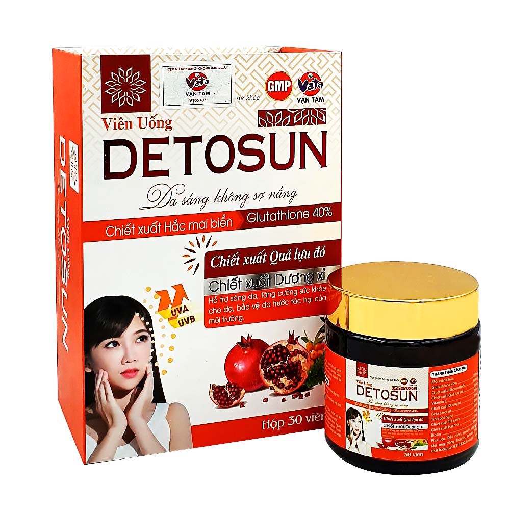 Viên uống chống nắng Detosun, bổ sung glutathione giúp đẹp da, giảm sạm nám da, chống lão hóa, bảo vệ da (Hộp 30 viên) | BigBuy360 - bigbuy360.vn