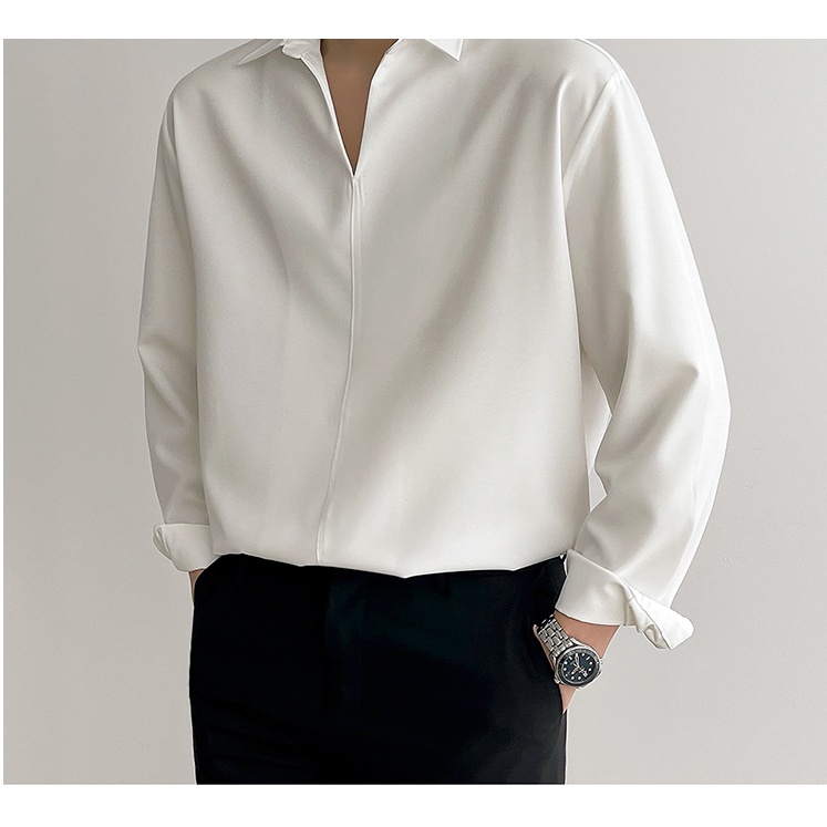 Áo Sơ Mi Cổ V Không Cúc lụa trơn Cao Cấp, trắng - form unisex vừa ôm không nhăn công sở hàn quốc DT Limited