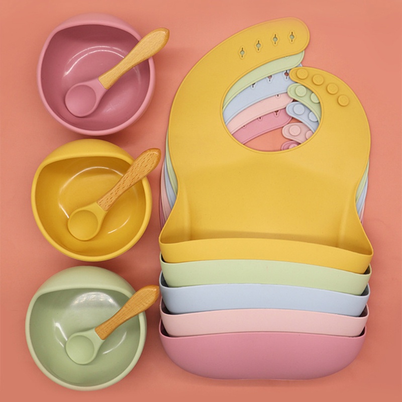 Bộ 3 Yếm Ăn + Đĩa + Muỗng + Nĩa Bằng Silicone Chống Nước Điều Chỉnh Được Cho Trẻ Sơ Sinh