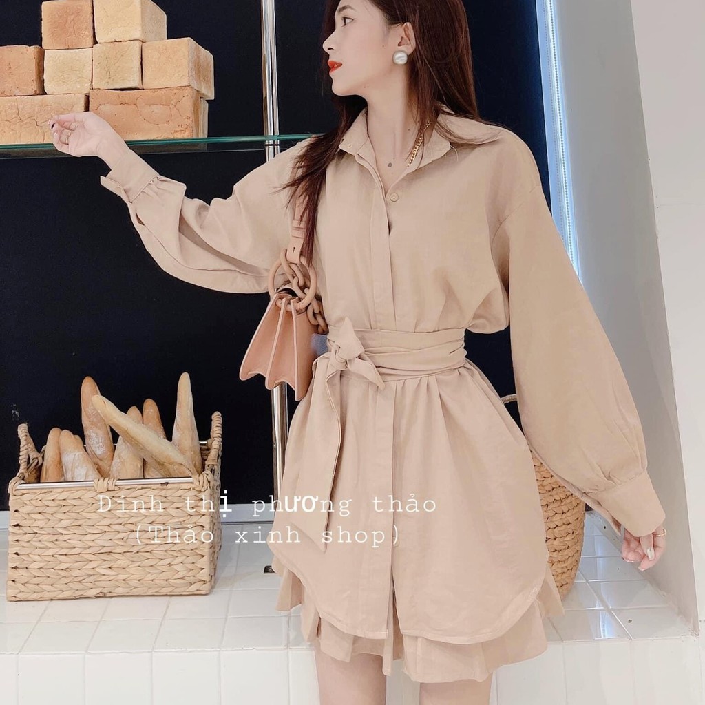 Áo Sơ Mi Và Chân Váy Tennis Trắng 🦋FREESHIP🦋 Áo Sơ Mi Nữ Trắng Dài Tay Có Đai Eo Chân Váy Tennis Có Quần Trong LANI SHOP