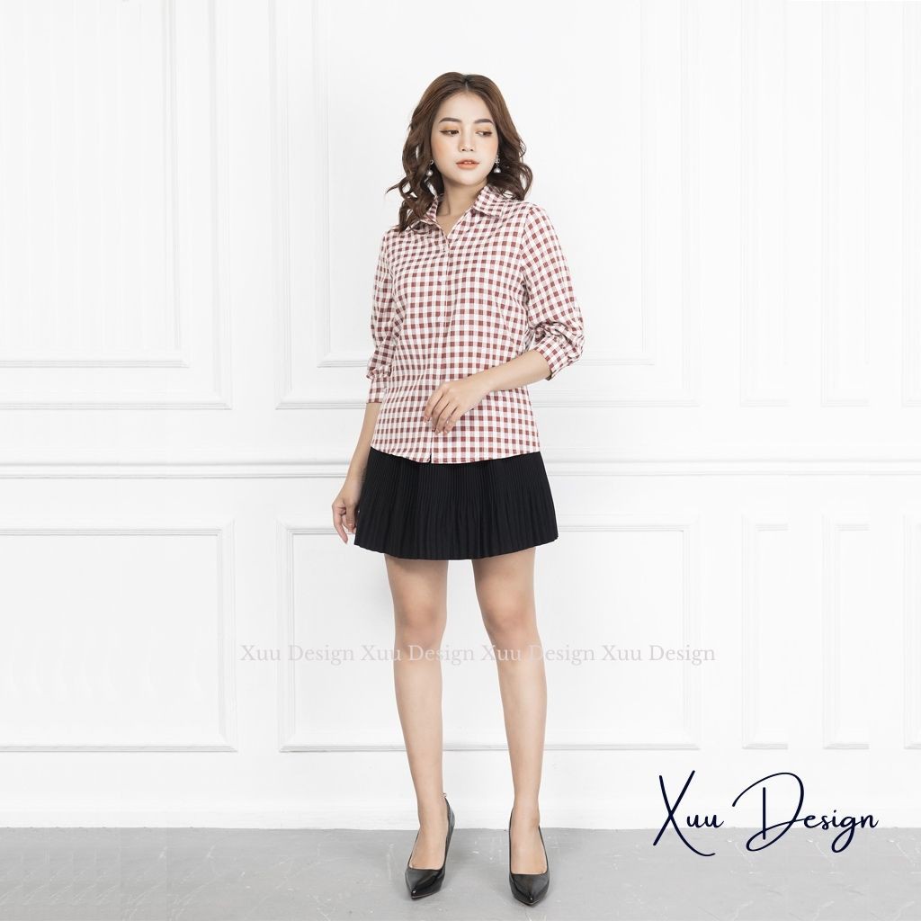 Áo sơ mi nữ Xuu Design, Áo kiểu nữ tay lỡ kẻ caro chất Kate cao cấp Xu02
