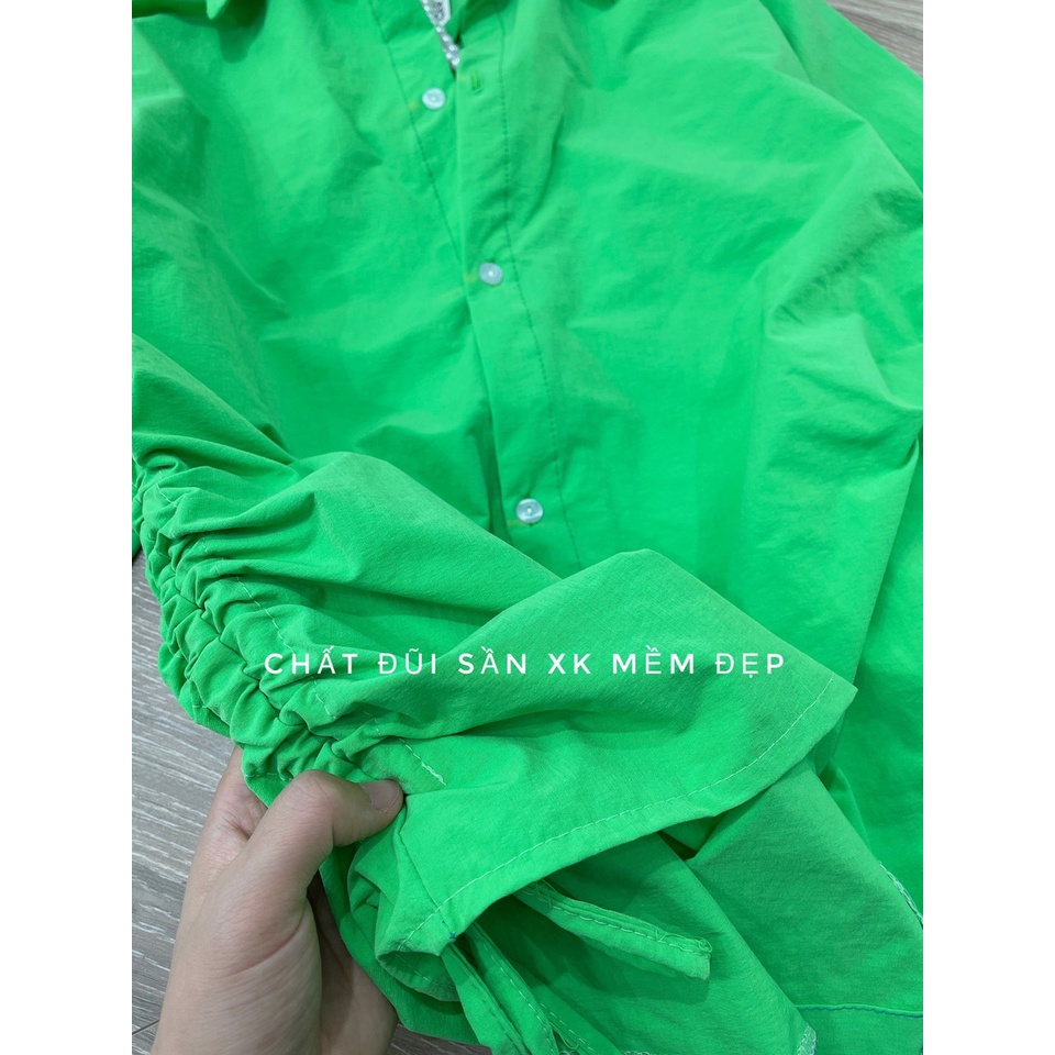 Set bộ sơ mi xanh dài tay mix quần sooc neon siêu hot