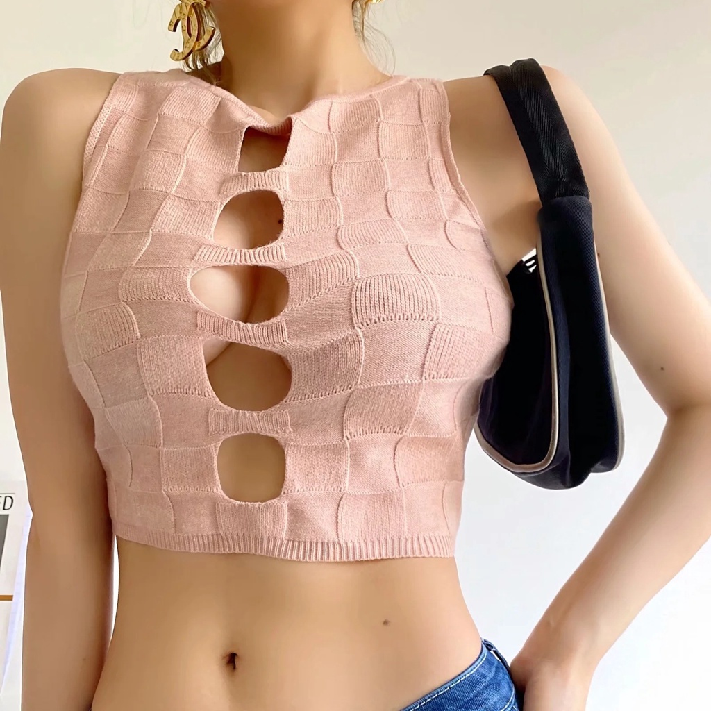 Áo Croptop Dệt Kim Sát Nách Màu Trơn Khoét Rỗng Màu Sắc Đơn Giản Cho Nữ
