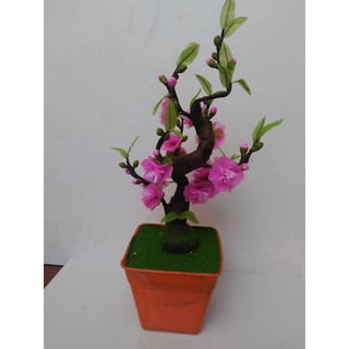 Hoa giấy lua BONSAI HOA ĐÀO kèm chậu vuông nhựa như hình