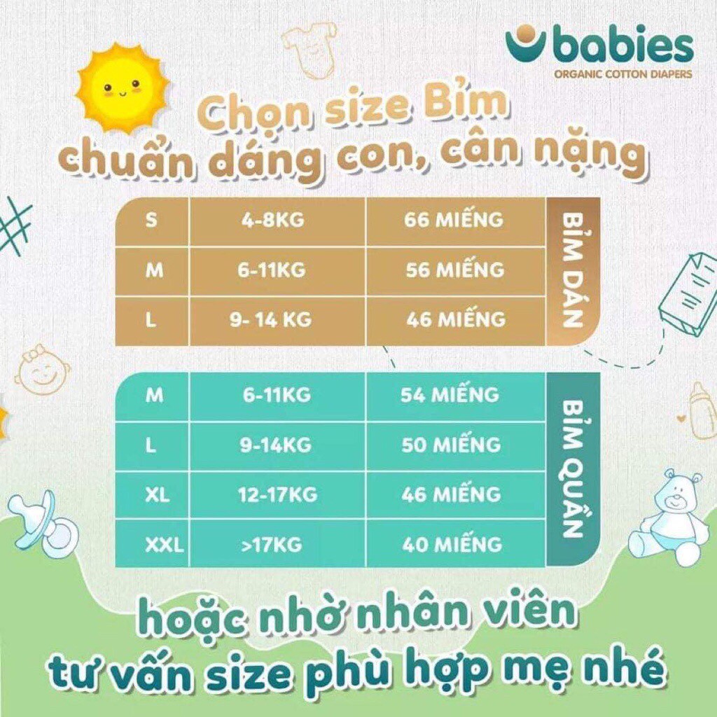 [TẶNG KÈM STICKER] Bỉm Dán/Quần Babies Organic Việt Nam size N76/S66/M56/L46/M54/L50/XL46/2XL40/3XL38