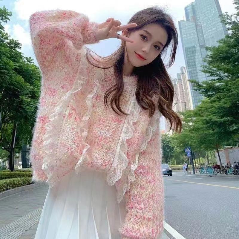 Áo Sweater Dệt Kim Dáng Rộng Phối Ren Thời Trang Mùa Thu Hàng Mới
