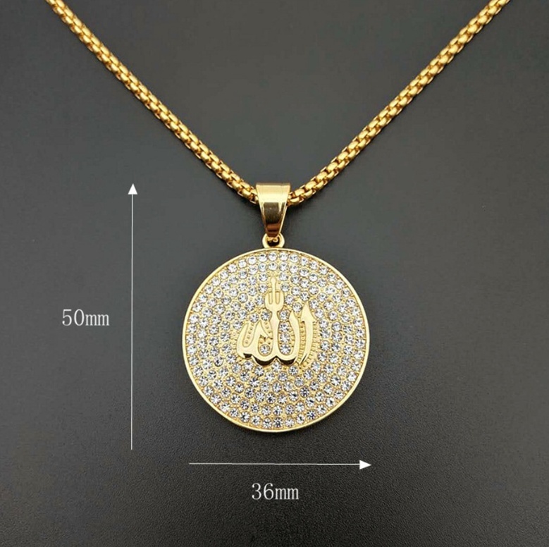 Hip Hop Iced Out Round Allah Pendant Necklace Stainless Steel Islam Muslim Arabic Gold Color Prayer Jewelry