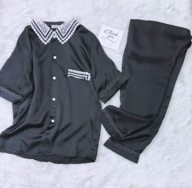 [ XẢ LỖ] Bộ Mặc Nhà Pijama Lụa Nguyên Chất Cộc Tay Quần Dài Phối Cổ Ren Cao Cấp 40-65kg | BigBuy360 - bigbuy360.vn