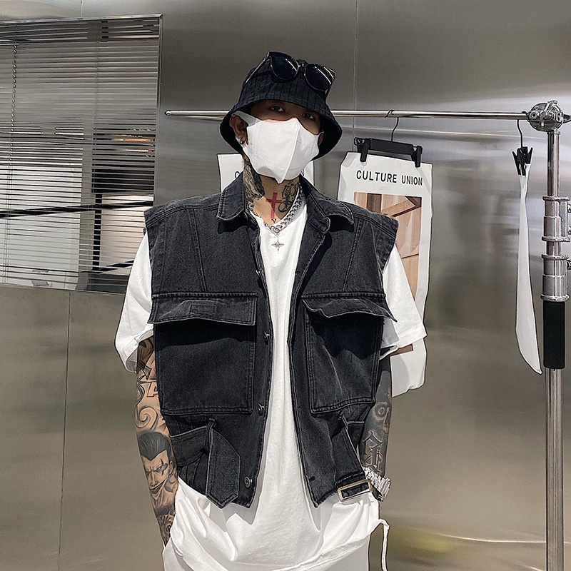 Áo khoác denim không tay phong cách Hồng Kông cho nam