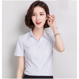 áo công sở sơ mi trắng, tay ngắn cổ V mùa hè đồng phục office lady