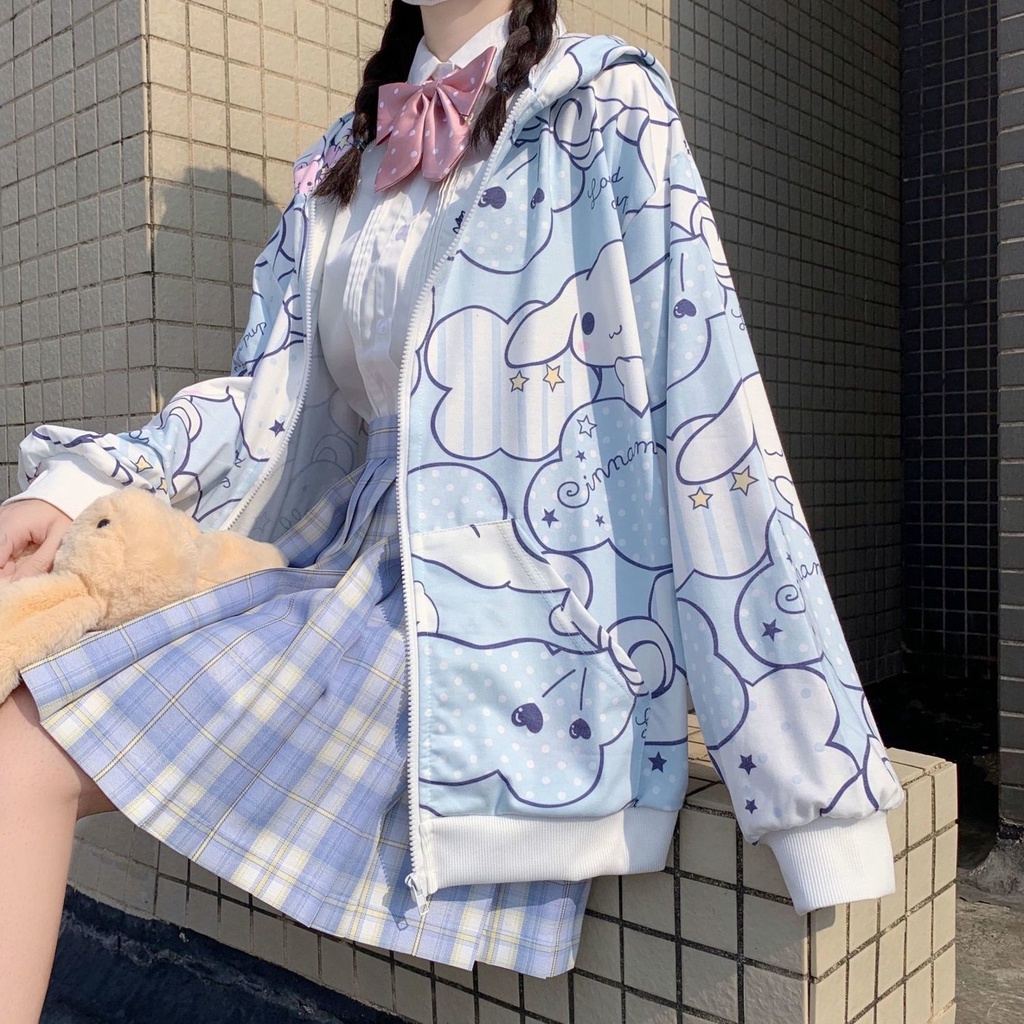 SANRIO Áo Khoác Cardigan Dáng Rộng Có Khóa Kéo In Họa Tiết Hoạt Hình Cinnamoroll Đáng Yêu Cho Nữ Sinh