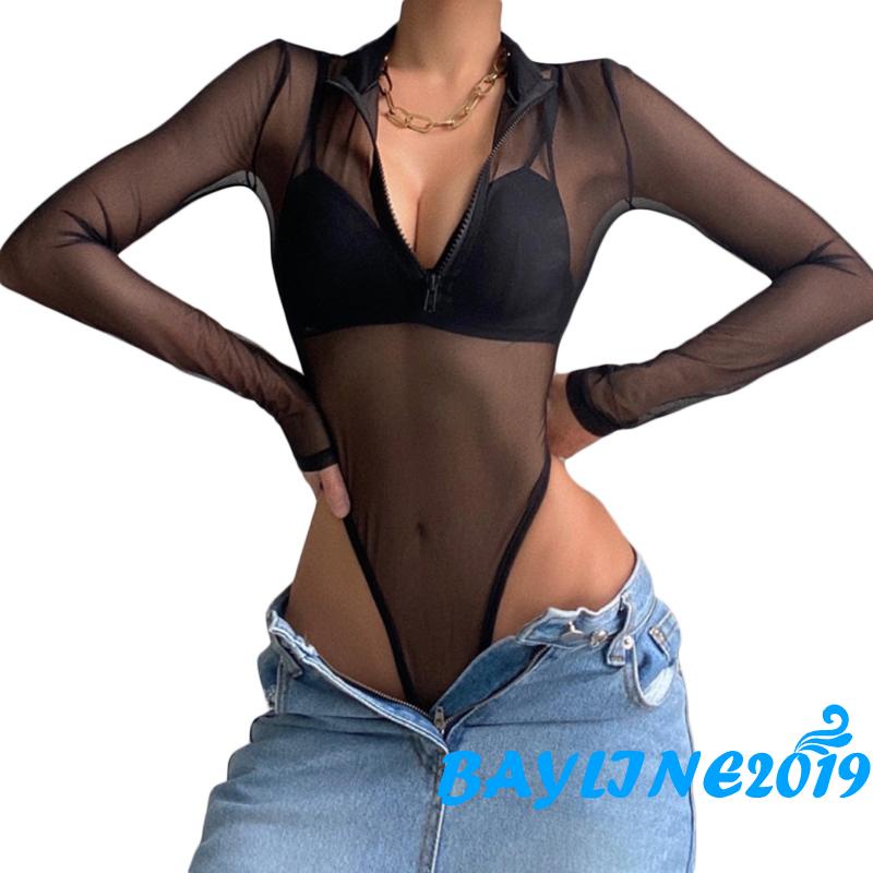 Bộ Áo Liền Quần Tay Dài Màu Trơn Phối Lưới Có Khóa Kéo Thời Trang Mùa Thu Cho Nữ