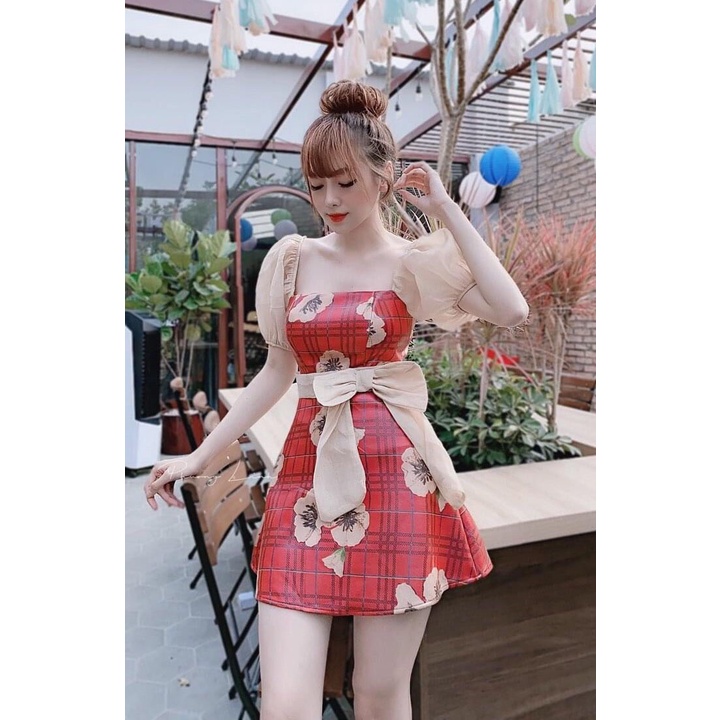 Đầm Xòe Phối Voan Họa Tiết Đính Nơ Eo Màu Đỏ Thanh Lịch In Hình 3D Sang Trọng Dự Tiệc Thời Trang Dạo Phố