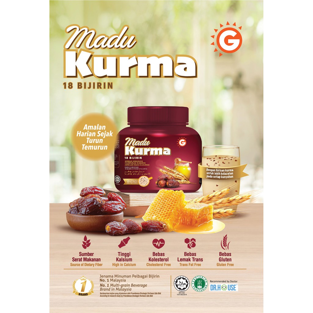 Bột ngũ cốc dinh dưỡng Madu Kurma GoodMorning cộng thêm mật ong và quả chà là, hủ 1kg, nhập khẩu Malaysia, Singapore
