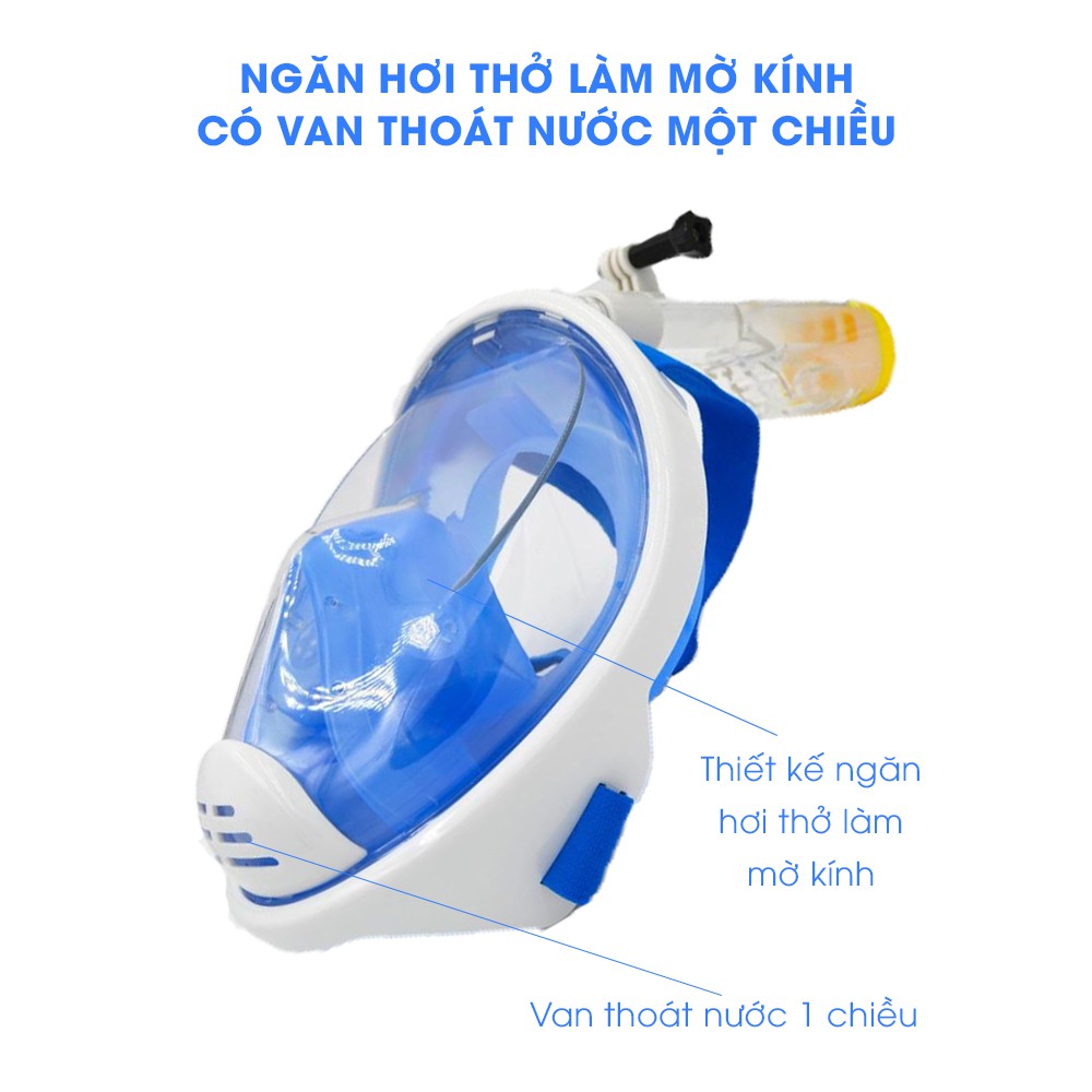 Mặt nạ lặn kính lặn biển Fullface gắn ống thở góc nhìn 180 độ, gắn được camera hành trình ngắm san hô cực đỉnh