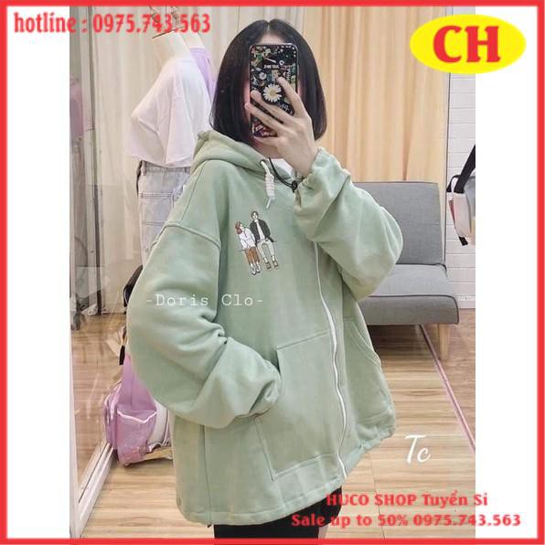 Áo Khoác Hoodie /Áo khoá kéo zip đôi bạn màu xanh đậu chất nỉ cotton tay bồng cánh rơi form thụng nam nữ mặc đôi unisex