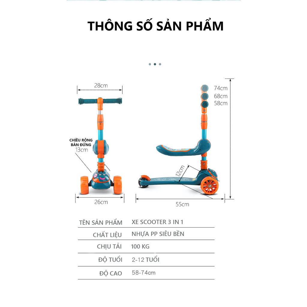 Xe Trượt Scooter Cao Cấp 3 Bánh có ghế ngồi tiện dụng cho bé