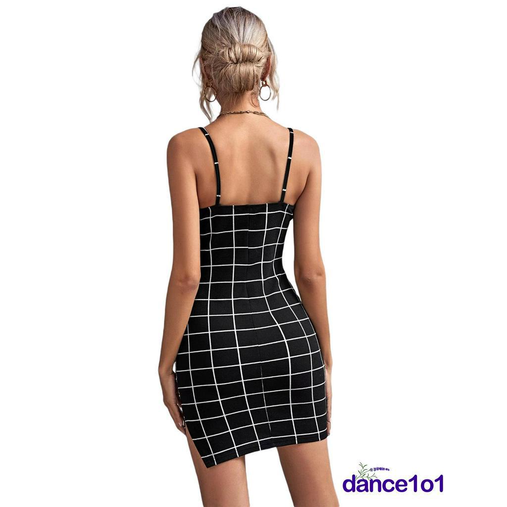 Đầm Dây Nữ Ca Rô Cộc Tay Bó Sát Quyến Rũ