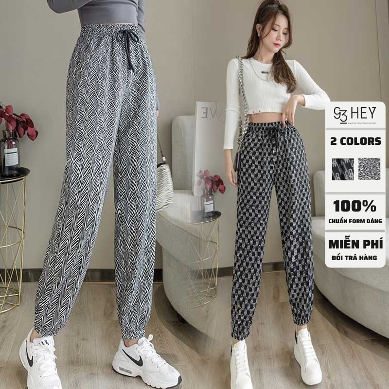 Quần Jogger Nữ Họa Tiết Hoa Văn Dáng Dài Bo Gấu Lưng Cao Cạp Rút Dây Có Túi 93Hey QJG02