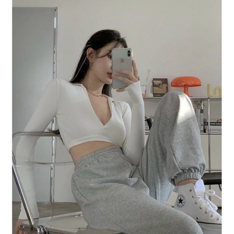 Áo croptop dạng polo tay dài hở lưng chất thun gân - B5N