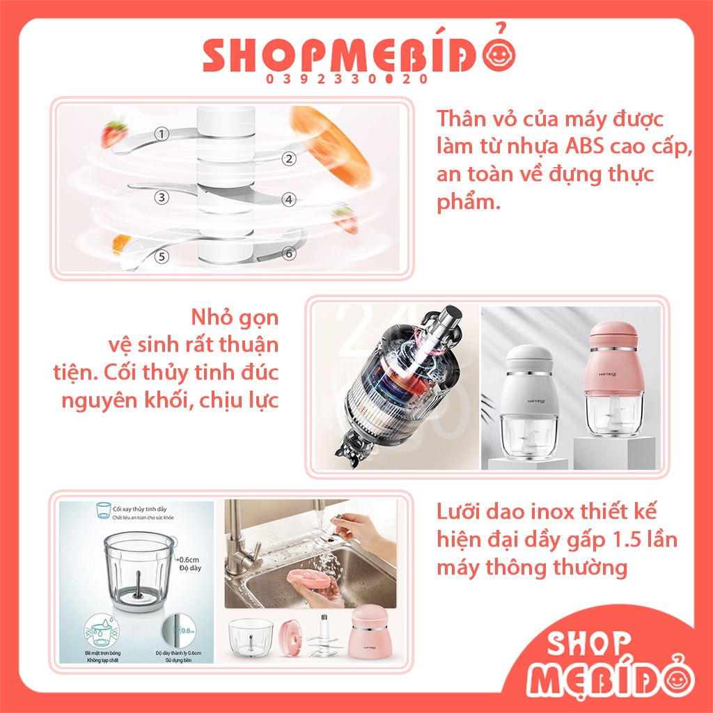 Máy xay cầm tay mini Hattiecs đa năng cho bé ăn dặm (tặng cọ rửa và lọc trứng) - Shop Mẹ Bí Đỏ