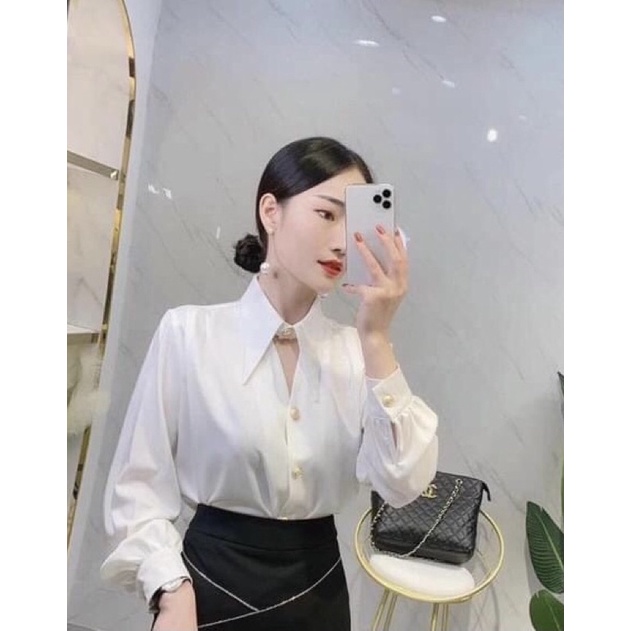 Áo Sơ Mi Nữ Công Sở , Áo Sơ Mi Dài Tay Nữ cổ khoét màu trắng lụa nhật form vừa phong cách hàn quốc