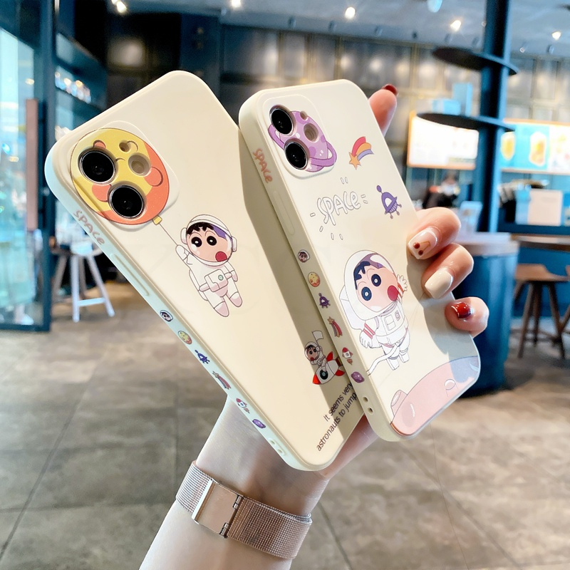 White Case For OPPO A31 A9 A5 2020 A92S A52 A72 A92 A91 A12e A83 A59 A59S A57 A39 AX5 A3S Phone Case Crayon Shin-Chan Soft-touch New Luxury Side Printing Square Liquid Silicone Soft Cover Shell
