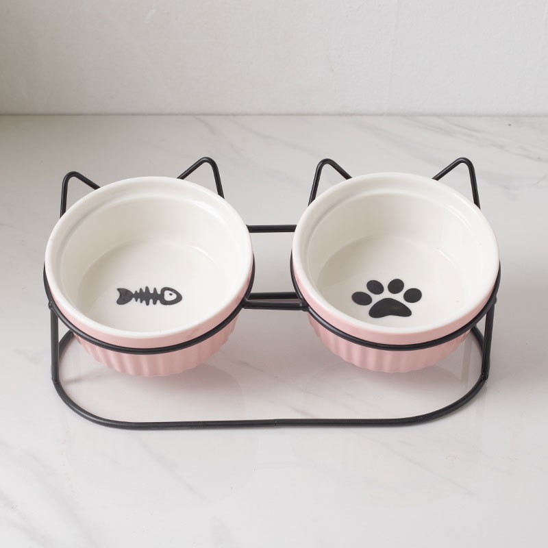 Bát ăn đôi cho mèo, Bát bằng sứ kèm chân đế sắt tai mèo