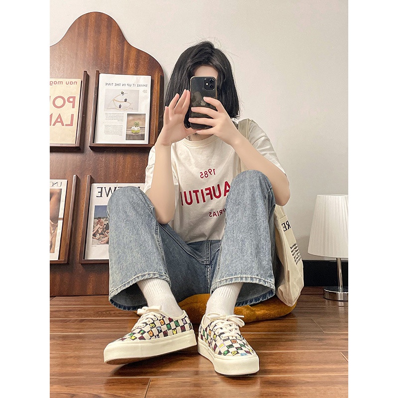 Giày Thể Thao Nam Nữ Unisex Buộc Dây  Basic Vải Canvas Họa Tiết Kẻ Ô Đen Cá Tính   BM01-Molita