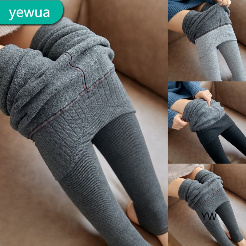Quần Legging Tích Hợp Eo Mỏng Kẻ Sọc Dọc Lót Nhung Dày Mùa Thu Đông < YW >