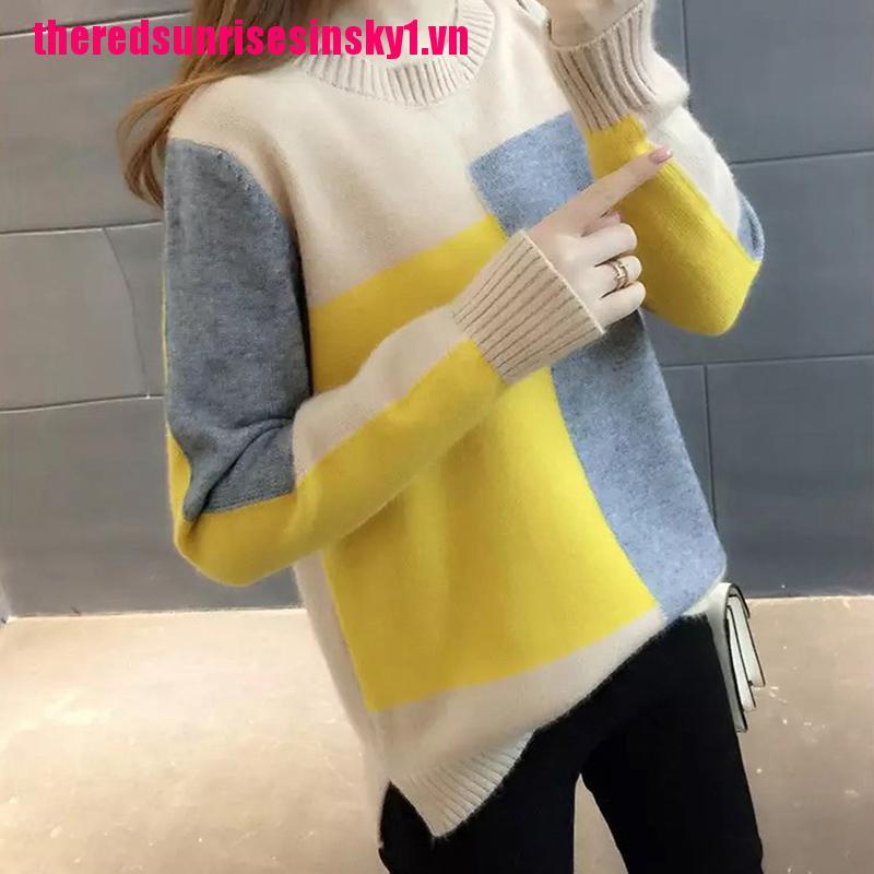 1 Áo Sweater Dáng Rộng Phối Màu Phong Cách Hàn Quốc Thời Trang Thu Đông Cho Nữ