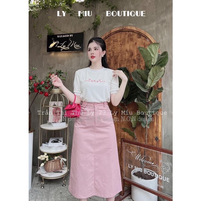 Set chân váy hồng thêu hoa đào áo thun ngắn tay chân váy midi dáng dài DN130