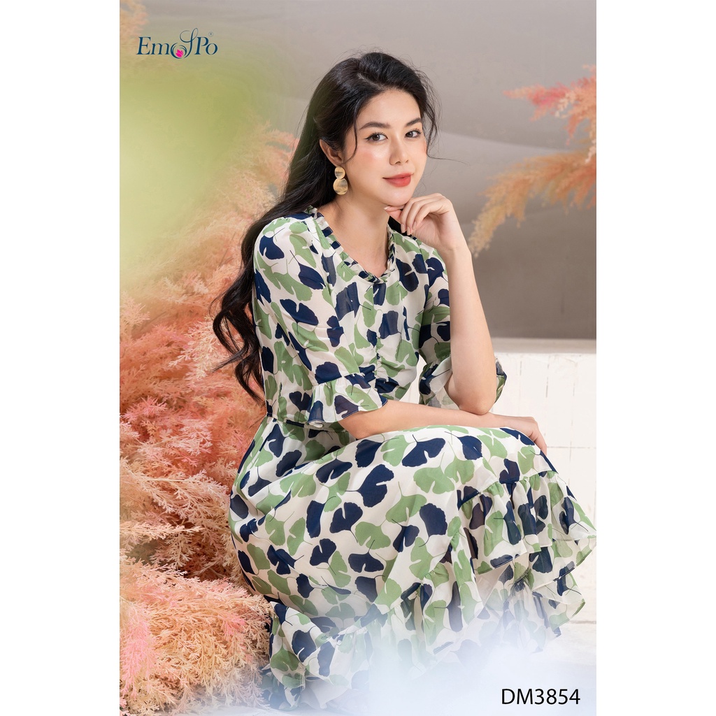 Đầm hoa lá nữ cổ tròn thời trang, tay lửng Emspo DM3854