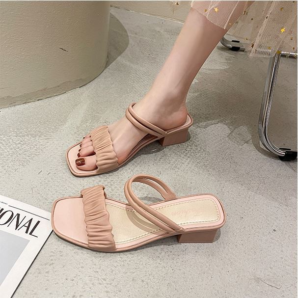 Sandal cao gót nữ quai nhún xếp ly siêu hot đế vuông 5 phân DN34