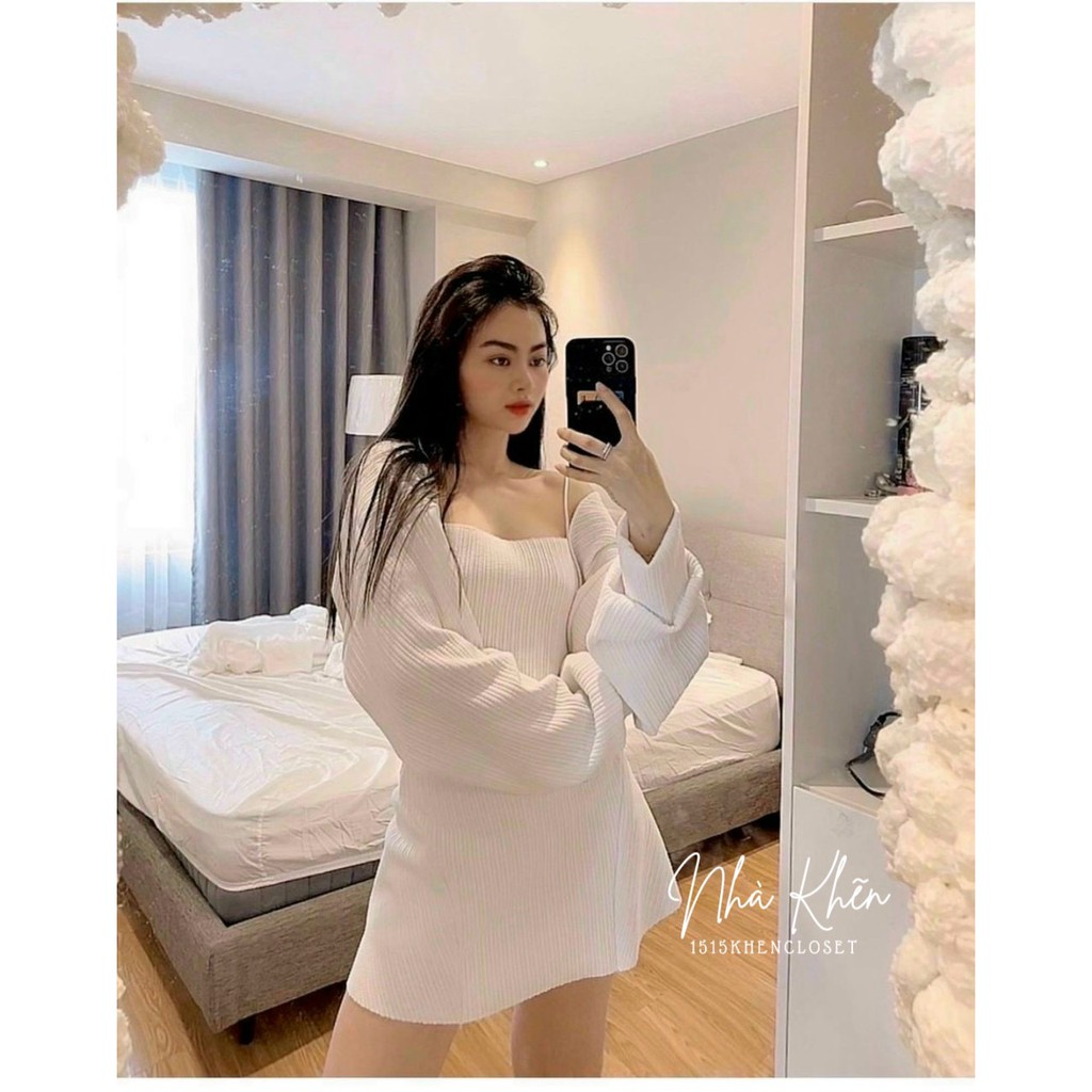 Set áo khoác crop tay dài, crop 2 dây tam giác chân váy trắng