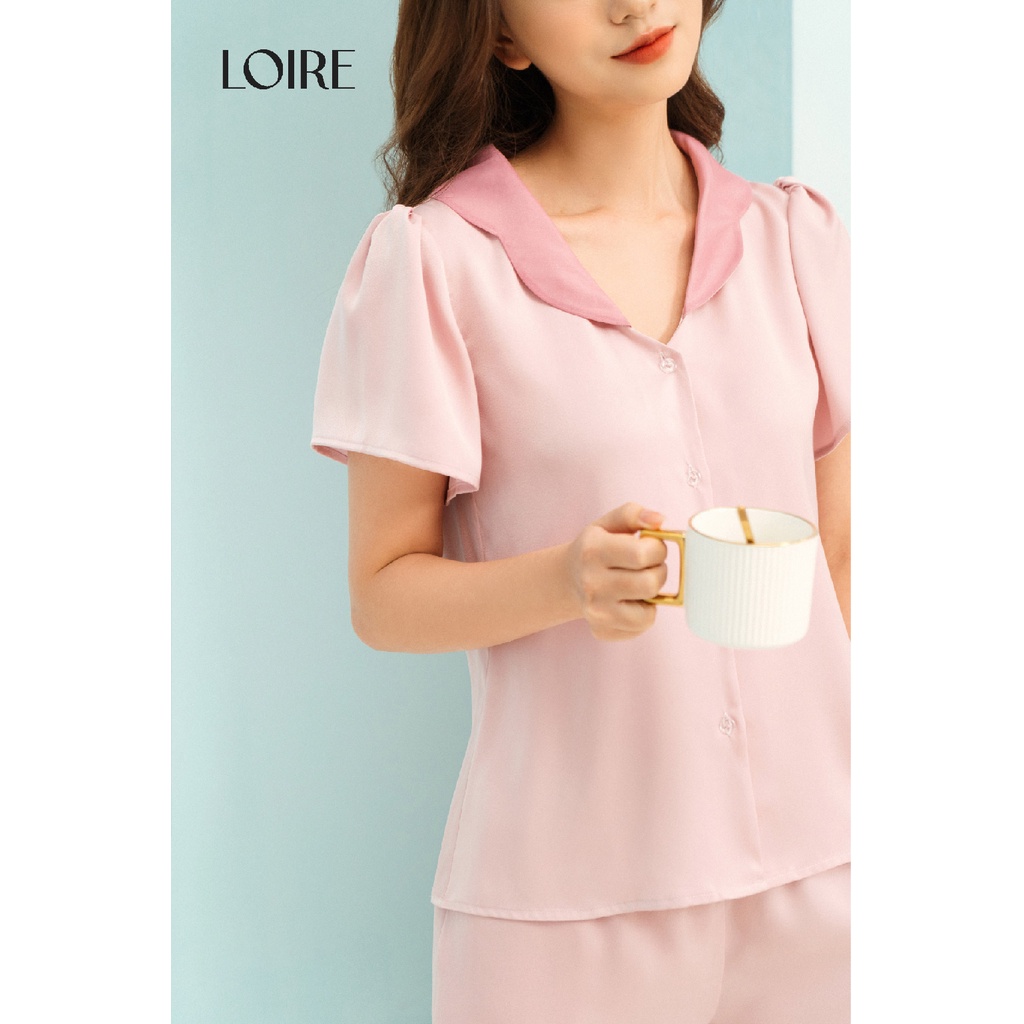 Bộ Pyjama Lụa Cổ Sóng Phối Tay Bồng Nhẹ Loirechic PCC04