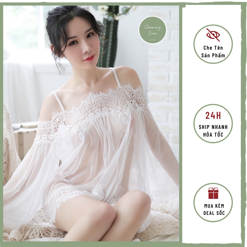 Váy Ngủ Sexy, Đồ ngủ ren trễ vai dài tay mặc xuyên thấu siêu gợi cảm sexy có kèm quần chip --Charmingqueen
