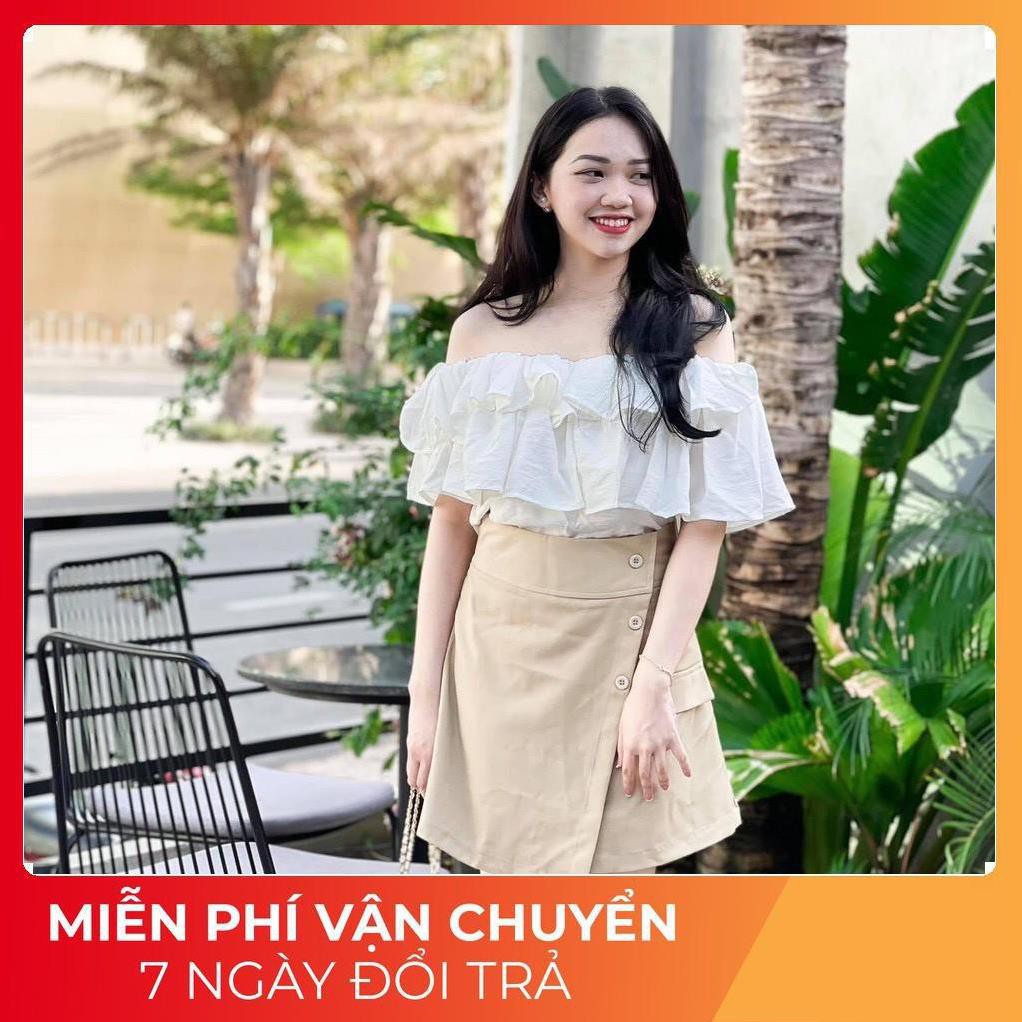 [ 𝐅𝐑𝐄𝐄 𝐒𝐇𝐈𝐏 ] Set Trễ Vai Tay Bồng Mix Chân Váy Cúc Xẻ Chữ A