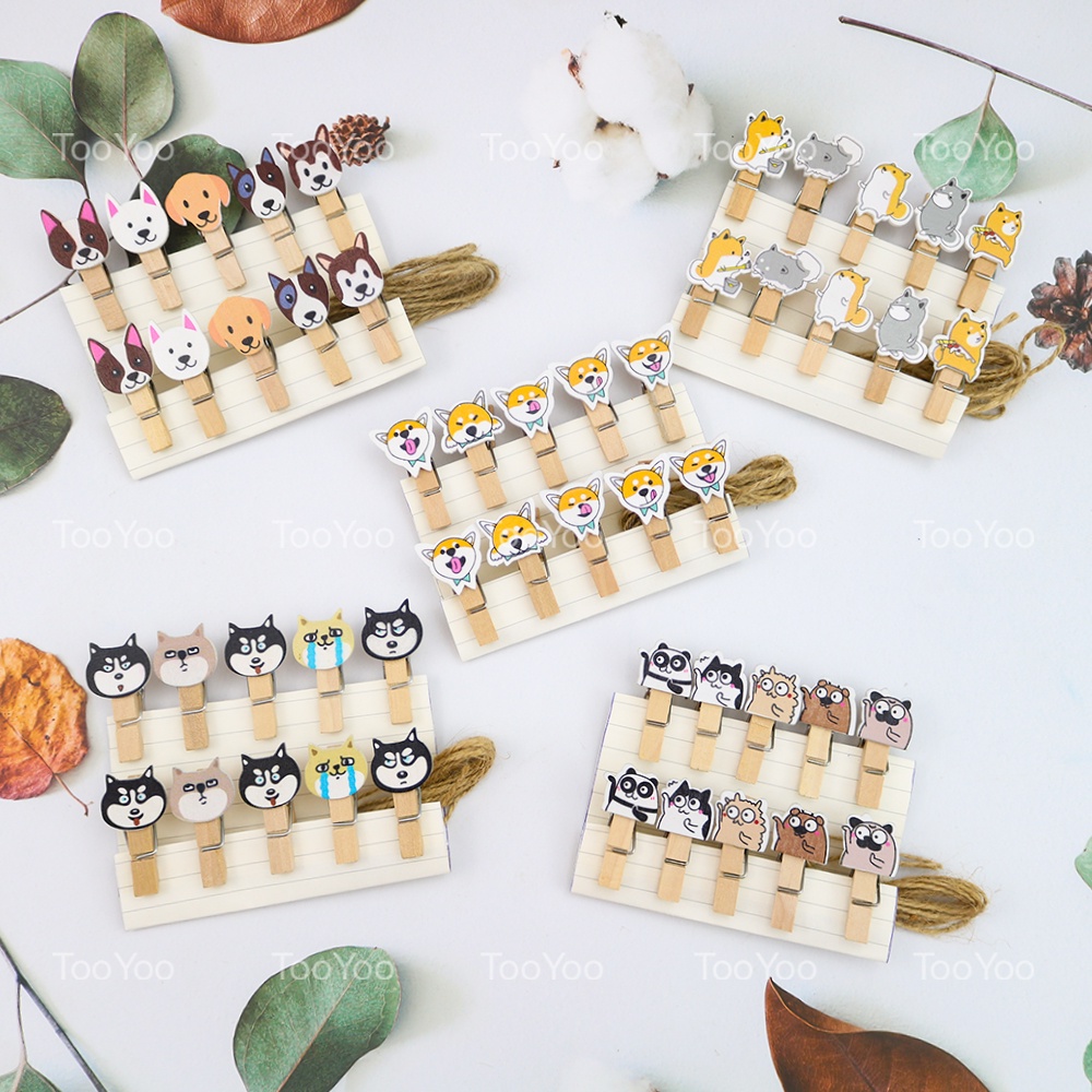 SET 10 Kẹp gỗ treo ảnh chủ đề CÚN CON kèm dây dễ thương cute TooYoo TY0235