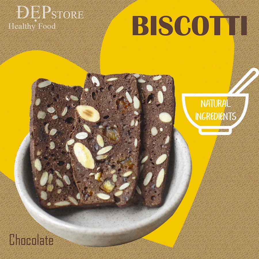 Bánh BISCOTTI Nguyên Cám Vị Chocolate Đẹp Store - Bánh Ngũ Cốc Nướng Ăn Kiêng Không Đường