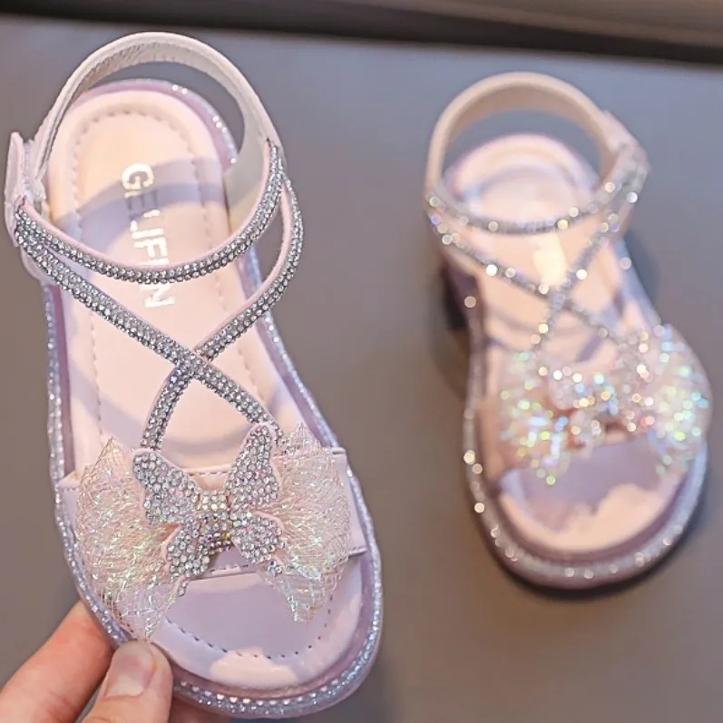 Xăng đan Quai Dán Đính Đá Hình Nơ Xinh Xắn Cho Bé Gái