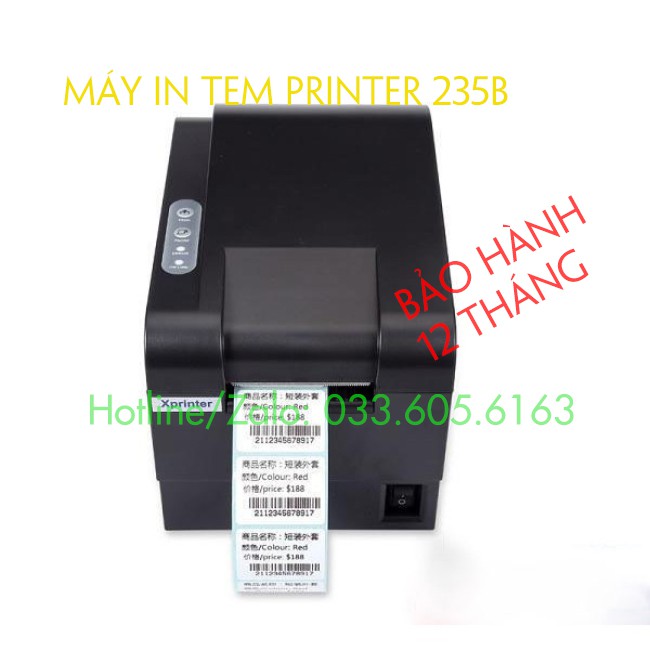 Máy in tem mã vạch dán ly trà sữa hãng Xprinter 235B sử dụng cuộn tem 50x30mm hoặc 40x30mm